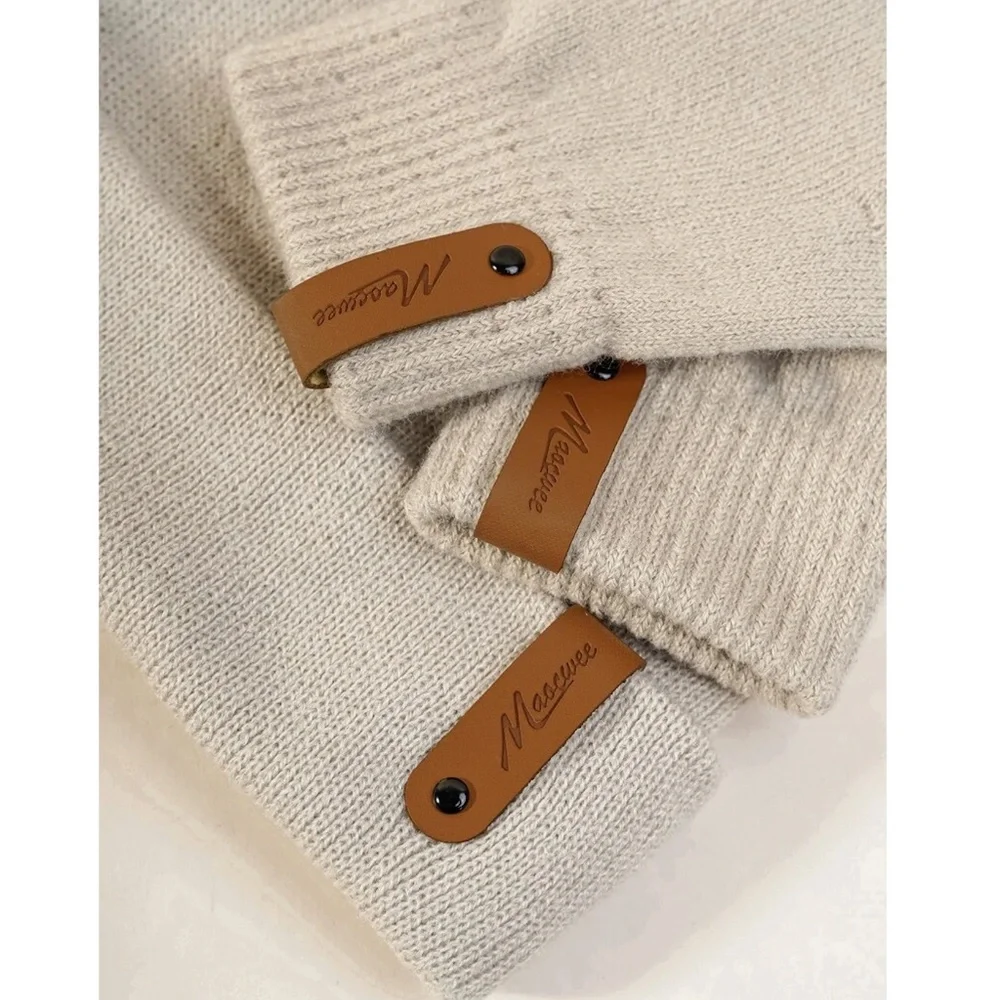 Knit Beanie Hat and Gloves Set in Beige - Picture 3 of 3